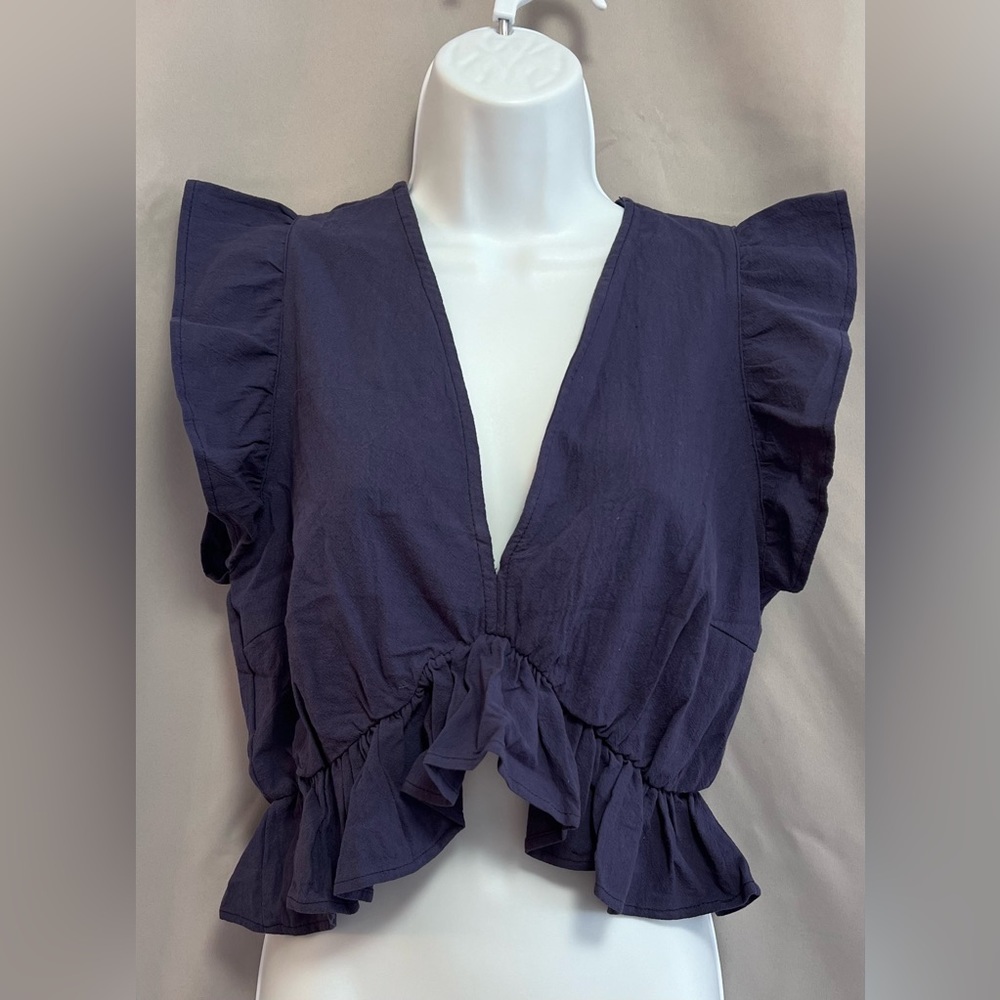 FANCYINN Women’s Navy  Crop Deep V‎ Neck Ruffle Sleeve Peplum Top Size M NEW NWT